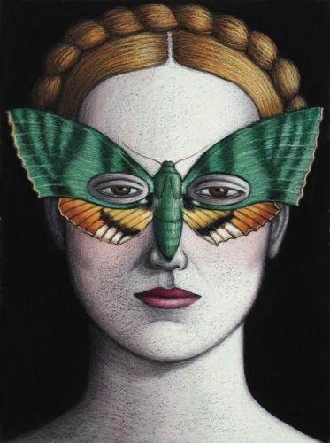 Euchloron megaera Moth Mask, Framed by Deborah Klein